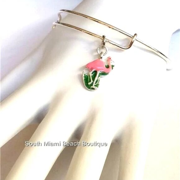 Silver Pink Flamingo Charm Bracelet Island Bird Tropical Beach Art Deco Plated - Picture 7 of 11
